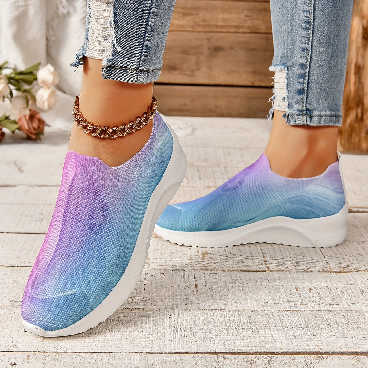 Women's Ombre Knit Slip on Sneakers Anti slip Comfort Running Shoes