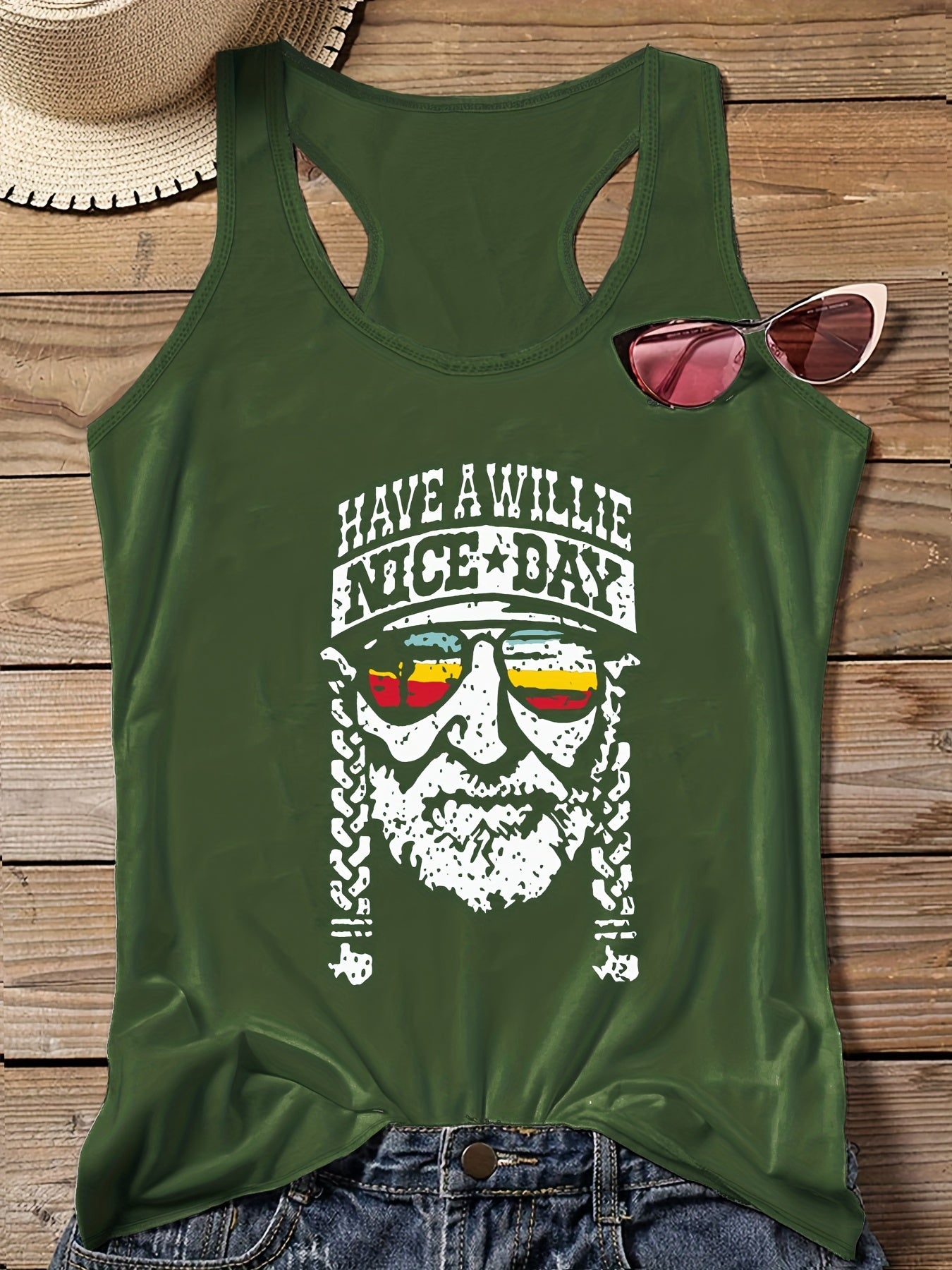 Crinkle Figure & Slogan Print Round Neck Plus Size Tank Top