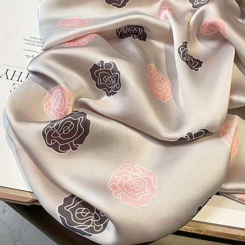 Camellia Print Scarf Satin Shawl Thin Breathable Hijab Silk Head Wrap
