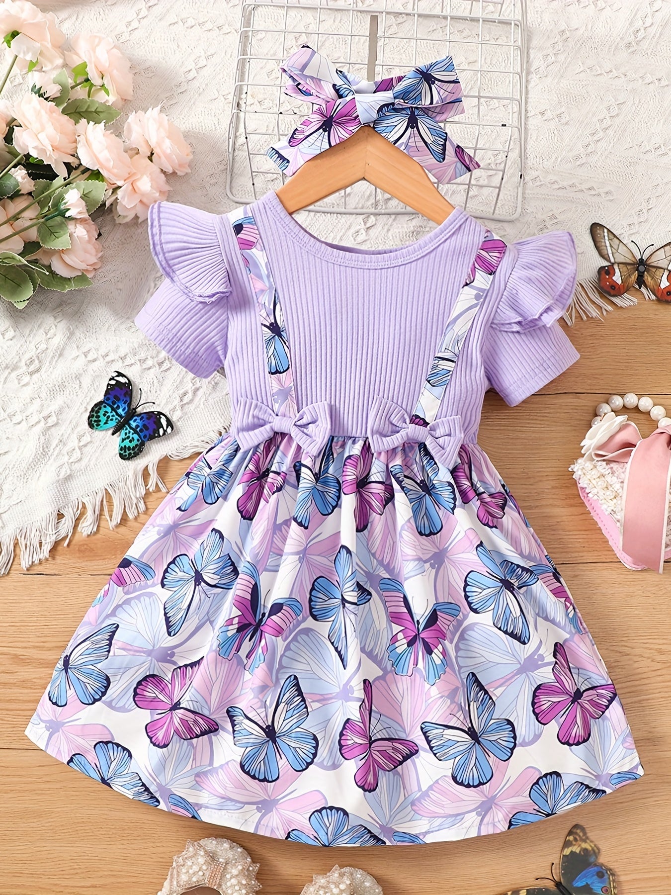 Toddler Girls Butterfly Graphic Suspenders Spliced Princess Dress
