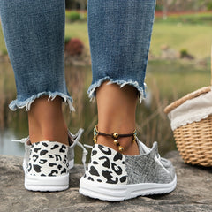 Leopard Printed Canvas Lace Up Low Top Sneakers