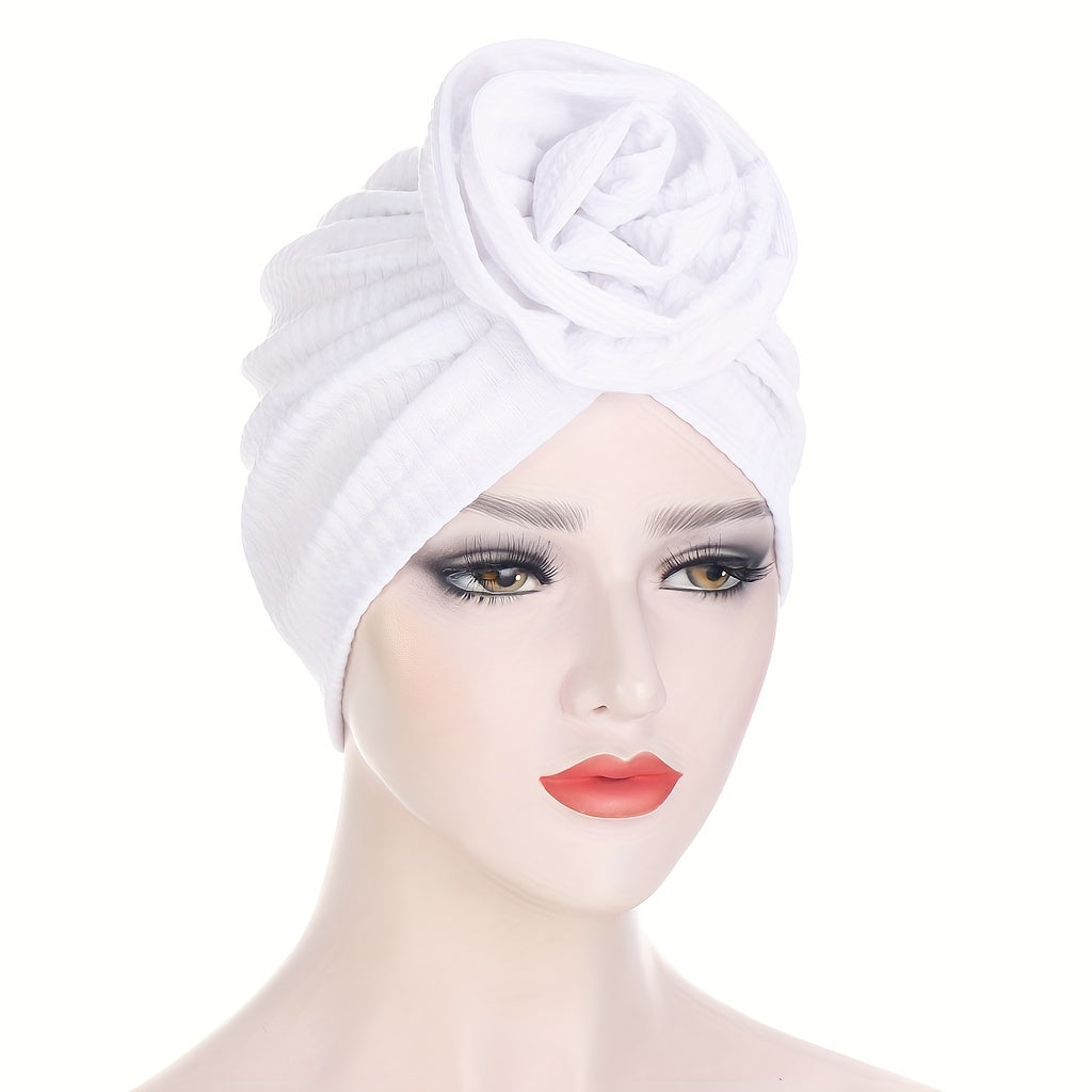 Embossed Plate Flower Turban Cap Vintage Elastic Head Wrap