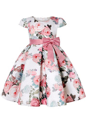 Girls Princess Dress Short Sleeve Bow Flowers Print Dress