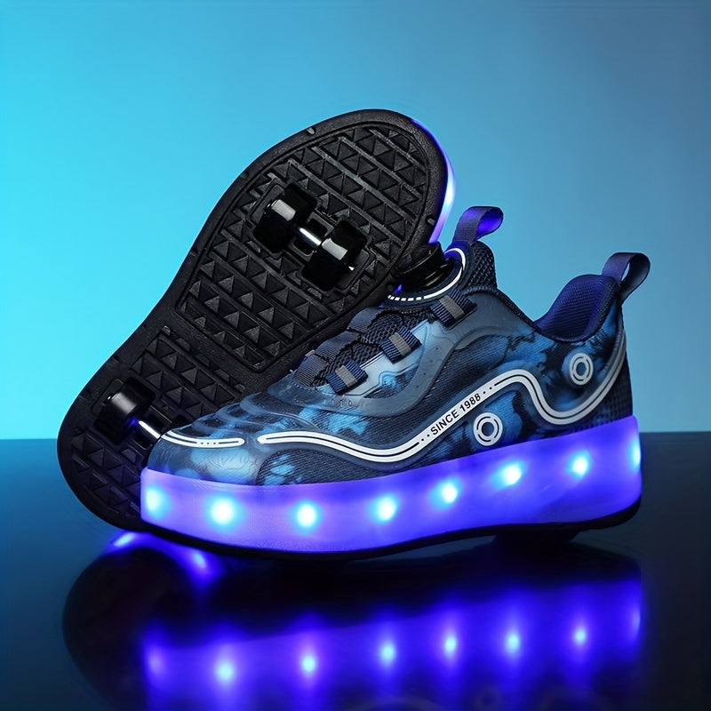 Girl's LED Roller Shoes with Rotating Buckle Detachable Wheel Skate Sneakers