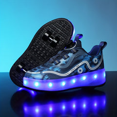 Girl's LED Roller Shoes with Rotating Buckle Detachable Wheel Skate Sneakers