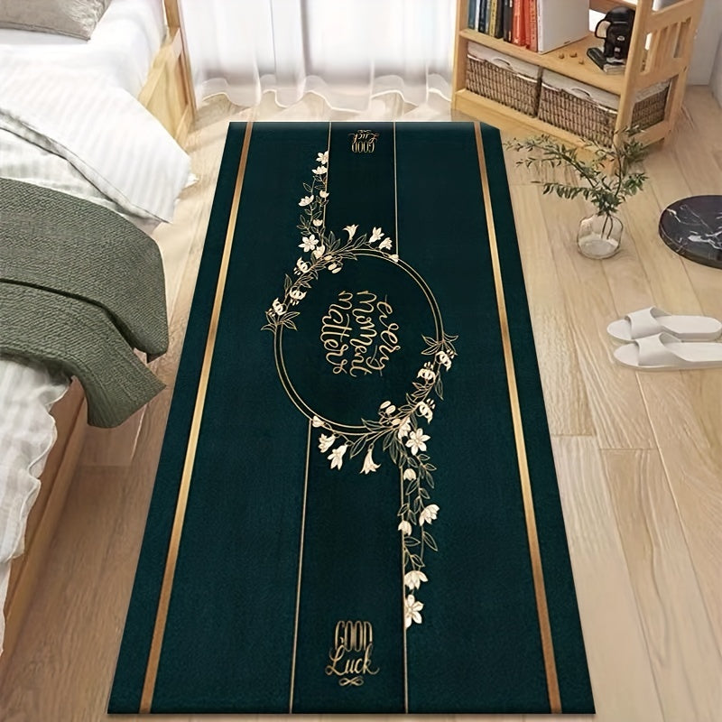Dark Green Vintage Area Rug Magnolia Pattern Carpet Non Slip Washable