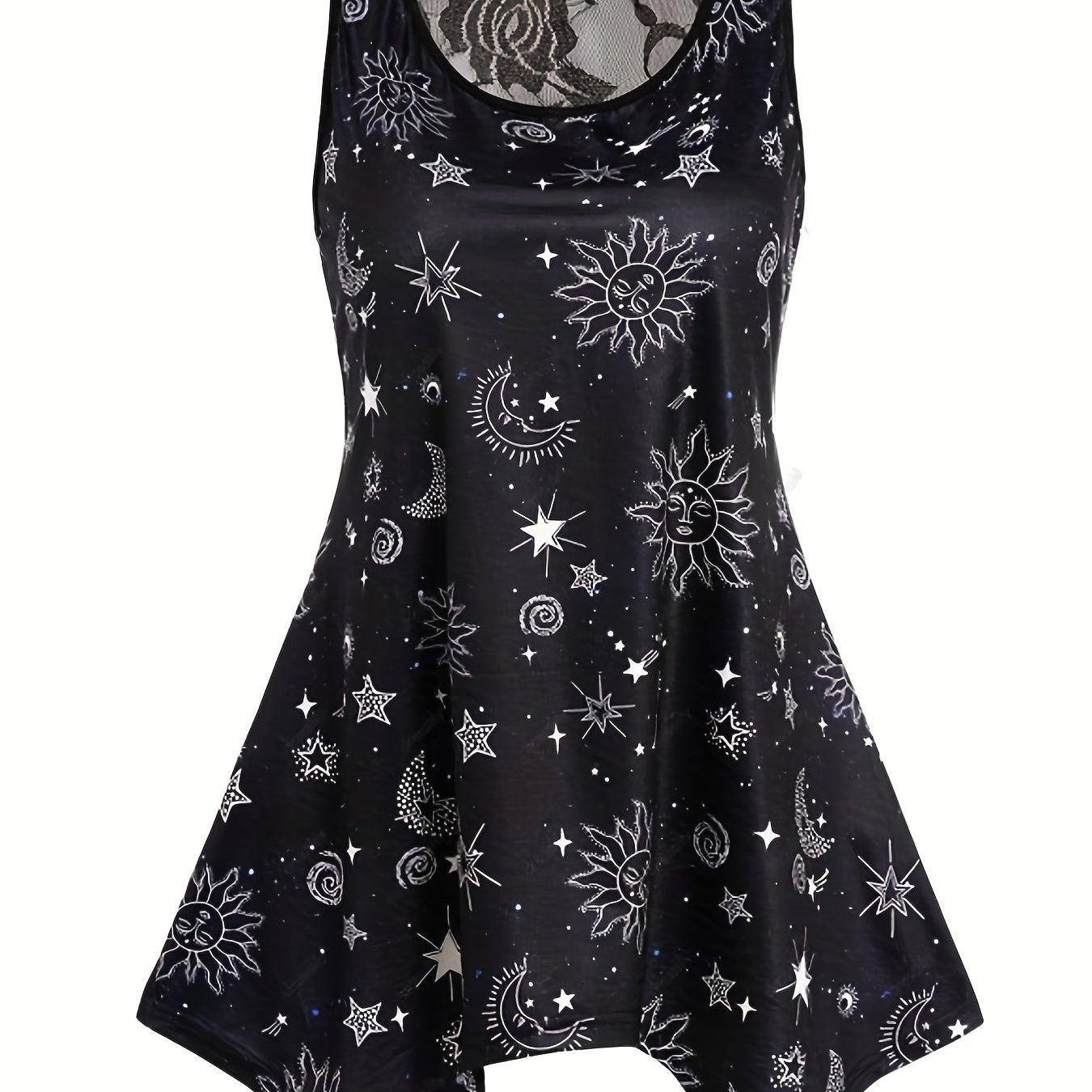 Gothic Sun & Moon Mesh Tank Top, Crew Neck Sleeveless Summer Top