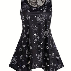 Gothic Sun & Moon Mesh Tank Top, Crew Neck Sleeveless Summer Top