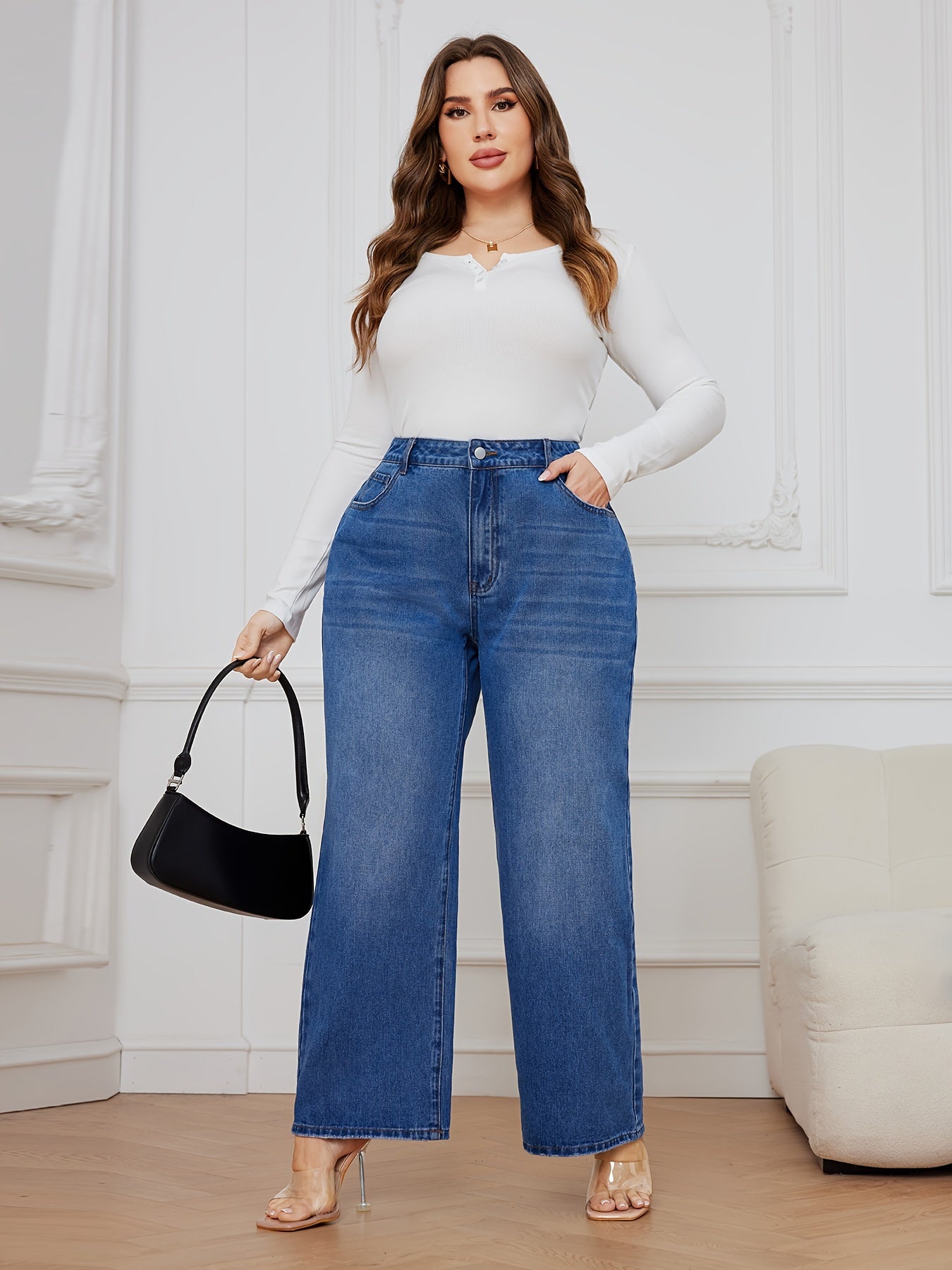 Solid Button Fly High Rise Wide Leg Jeans