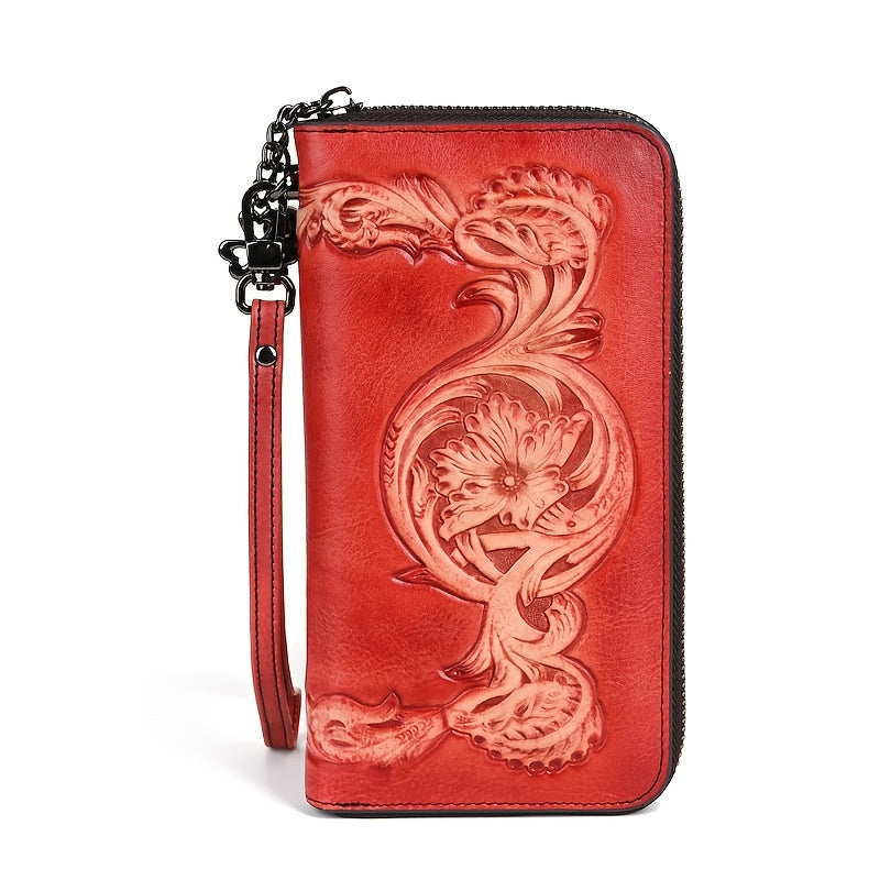 Vintage Floral Print Leather Wallet Women Zippered Clutch Red Brown