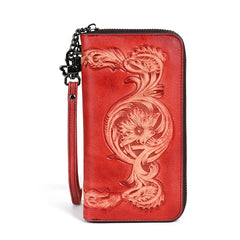 Vintage Floral Print Leather Wallet Women Zippered Clutch Red Brown