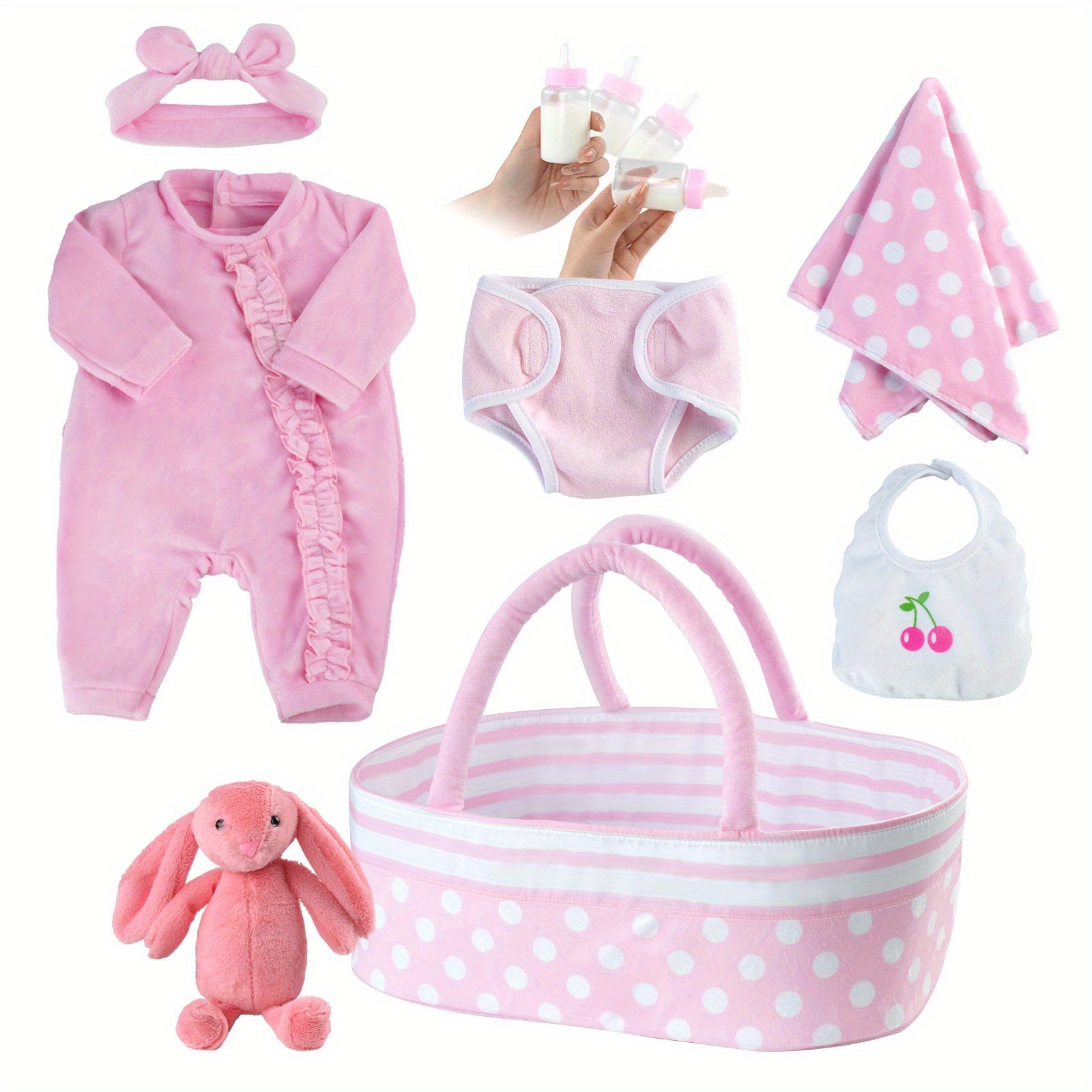 8pcs Reborn Baby Doll Accessories With Basket for 43-55 Baby Doll Clothes Outfit