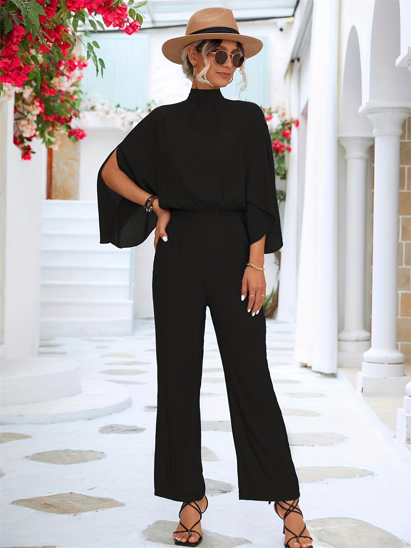 Solid Cape Sleeve Jumpsuit with Tie Back