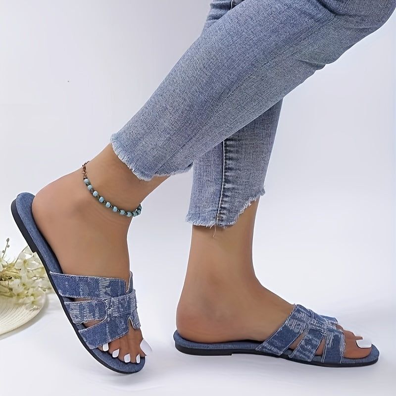 Women's Denim Slide Sandals Casual Slip On Flat Summer Shoes