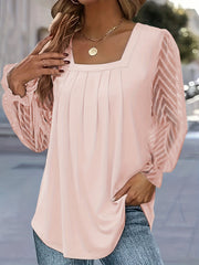 Solid Contrast Lace Lantern Sleeve Square Neck Top