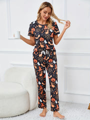 Pumpkin Print Pajama Set Halloween Short Sleeve Top & Pants Women's Sleepwear