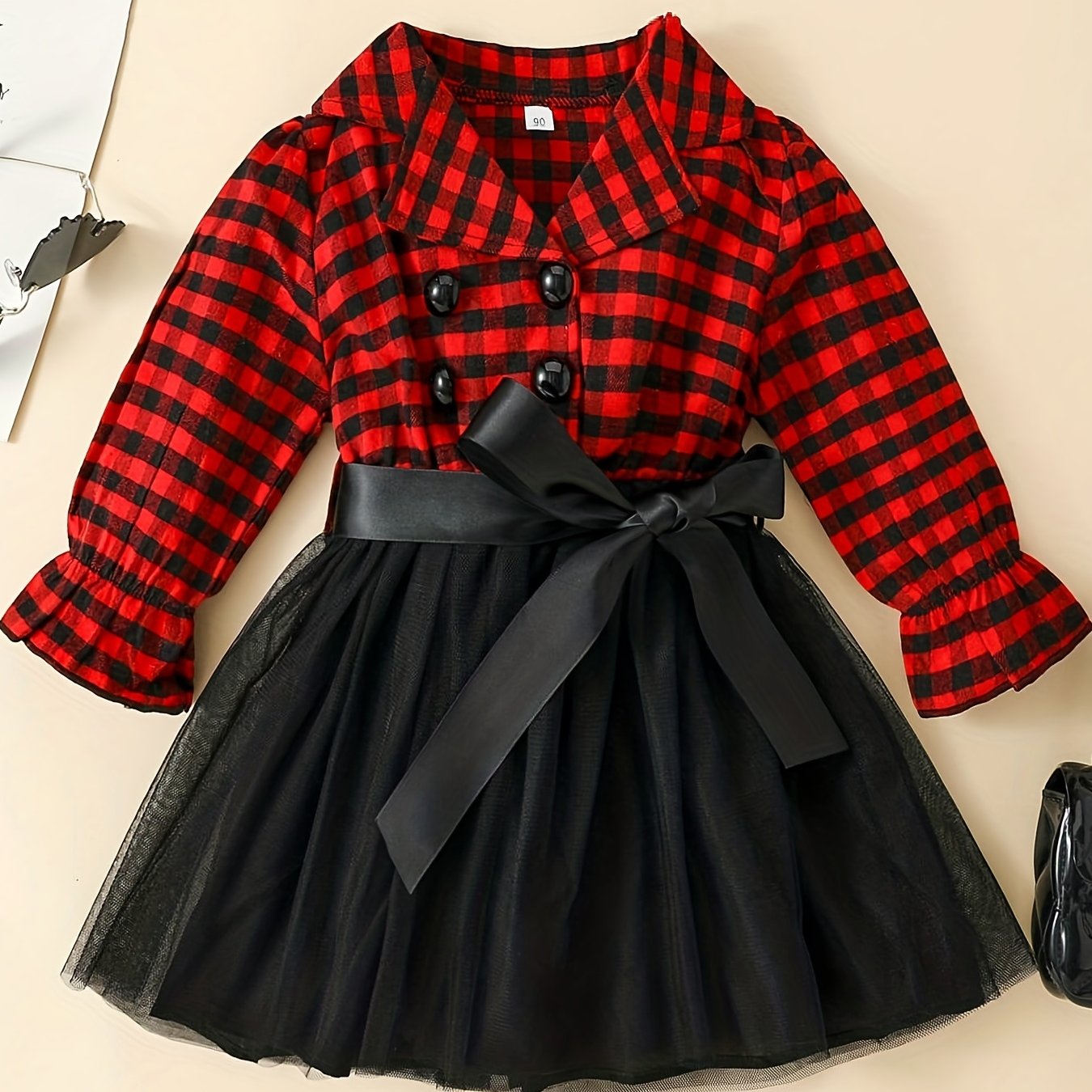 Girls' Plaid Double Breasted Tutu Dress For Christmas