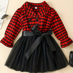 Girls' Plaid Double Breasted Tutu Dress For Christmas