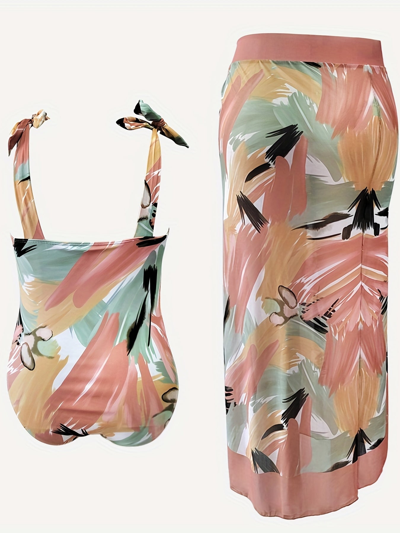 Painting Print One Piece Swimsuit & Wrap Skirt Set