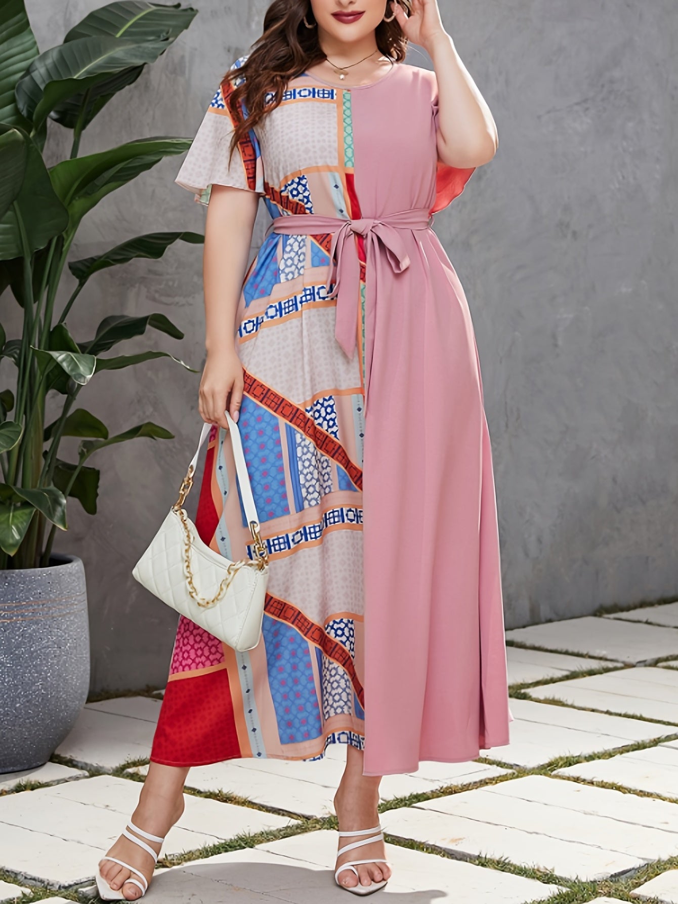 Colorblock Patchwork Print Butterfly Sleeve Round Neck Maxi Dress