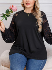 Casual Blouse Women's Plus Solid Contrast Lace Long Sleeve