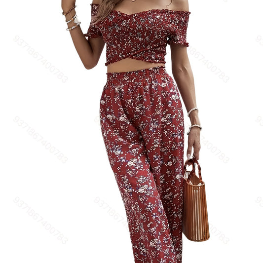 Floral Print Off Shoulder Crop Top & High Waist Set