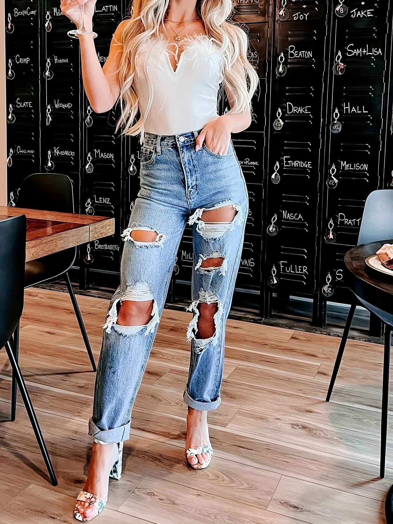 High Waist Ripped Holes Straight Jeans High Rise Non Stretch Pants