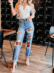 High Waist Ripped Holes Straight Jeans High Rise Non Stretch Pants