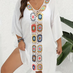 Crochet Side Split Cover Up Dress V Neck Boho Style Beach Coverup Kaftan