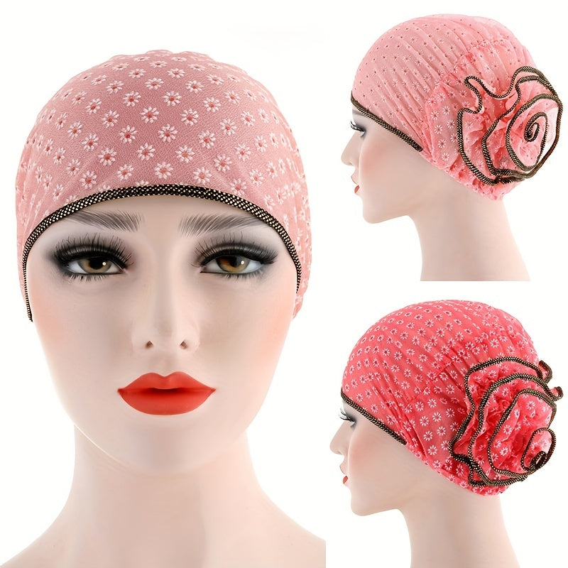 Plate Flower Turban Cap Embroidery Elastic Head Wrap Lightweight