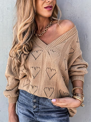 Heart Pattern Cut Out V Neck Sweater Casual Long Sleeve Sweater