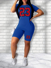 23 Number Print Two Piece Set Casual Short Sleeve T shirt & Skinny Shorts