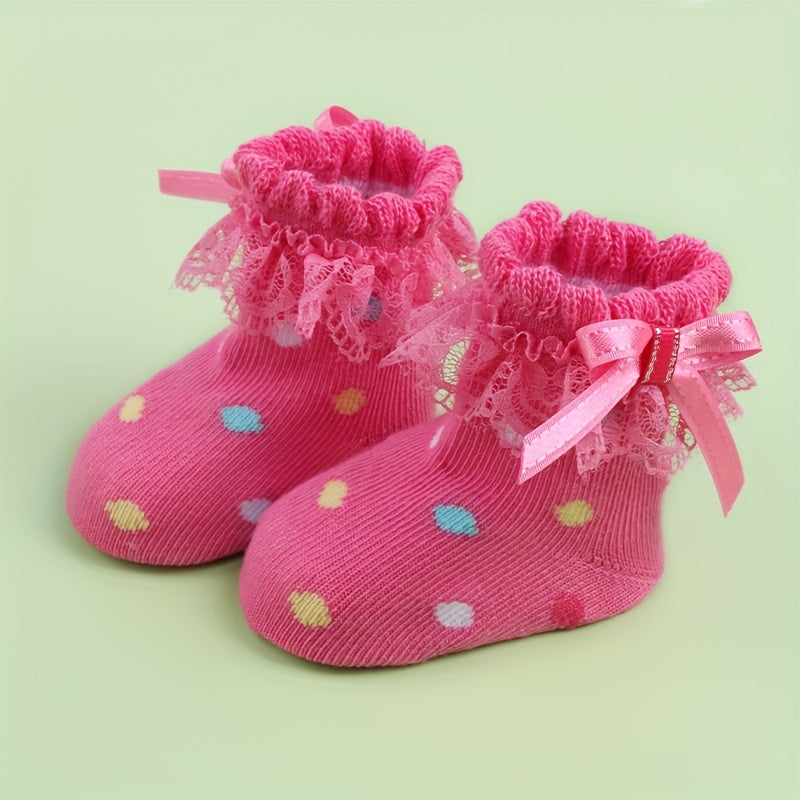 3 Pairs Baby Girls Lace Ruffled Socks Bowknot Decoration