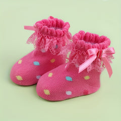 3 Pairs Baby Girls Lace Ruffled Socks Bowknot Decoration