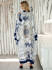 Boho Kimono Chain & Scarf Print Long Sleeve Open Front Beach Cover Up