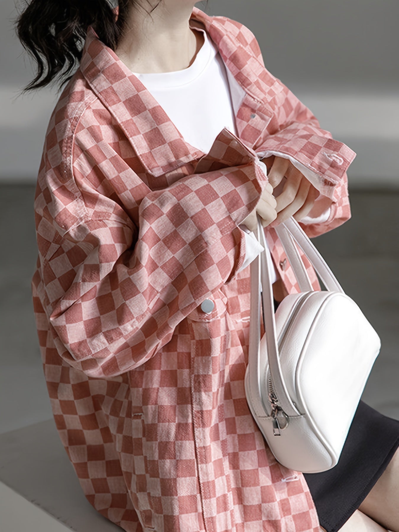 Pink Checkerboard Lapel Denim Jackets Long Sleeves Drop Shoulder Denim Coats