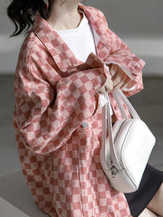 Pink Checkerboard Lapel Denim Jackets Long Sleeves Drop Shoulder Denim Coats