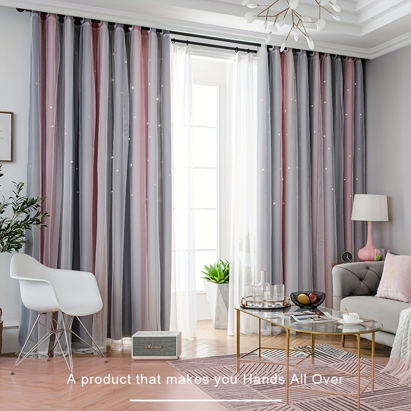Romantic Double Striped Curtains Glow In Dark Stars for Living Room Bedroom