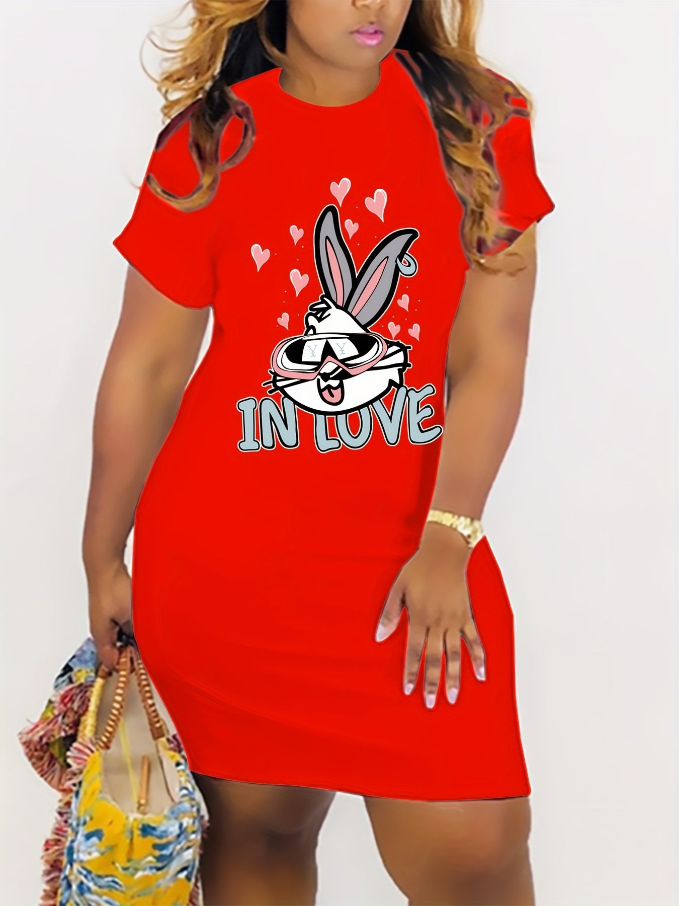 Casual Dress Women's Plus Cartoon Rabbit & Letter Print Dress