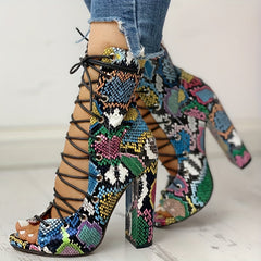 Snakeskin Sandals Boots Lace Up Peep Toe Chunky Heel Shoes