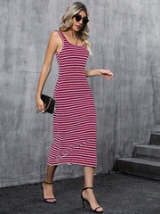 Striped Print Split Dress Sexy Squared Neck Sleeveless Dress Women's Clothing
