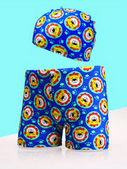 Boys Lion Head Swim Trunks & Cap Quick Drying for Beach Vacation Bath