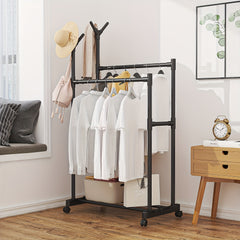 Double pole Coat Rack With Pulley 2 layer Clothes Rack Floor standing Coat Rack