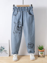 Toddler Girls Cartoon Paperbag Waist Jeans Kids Spring Summer Casual