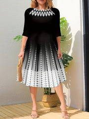Women's Plus Ombre Geometric Print Long Sleeve A-line Dress