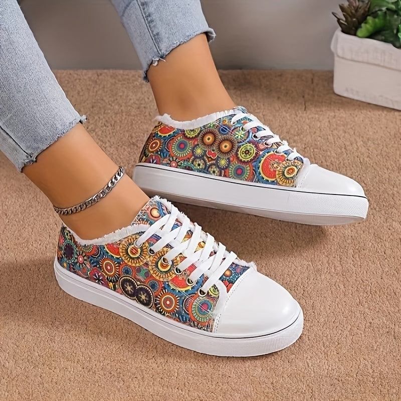 Ethnic Print Raw Trim Flat Skate Shoes Canvas Sneakers