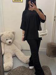 Solid Long Sleeve Top & Pants Set Plus Size Casual Outfit 2 Pcs Set