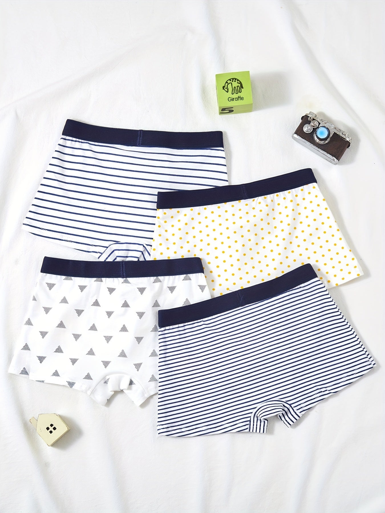 4pcs Boys Boxer Briefs Elastic Waist Stripe Polka Dot Print Soft Underwear