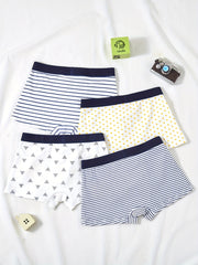 4pcs Boys Boxer Briefs Elastic Waist Stripe Polka Dot Print Soft Underwear