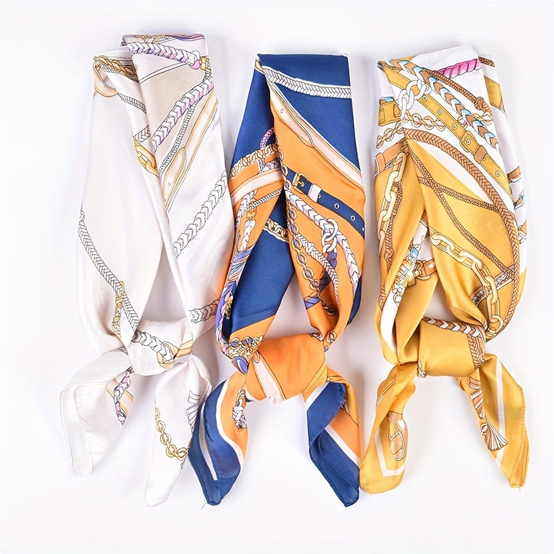 Chain Print Bandana Silk Square Scarf Satin Shawl Hair Accessories